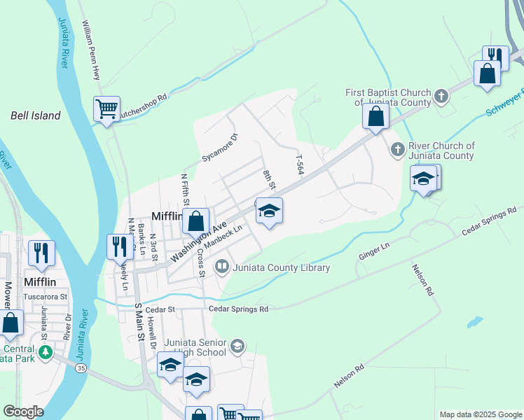 map of restaurants, bars, coffee shops, grocery stores, and more near 23293 Washington Avenue in Mifflintown
