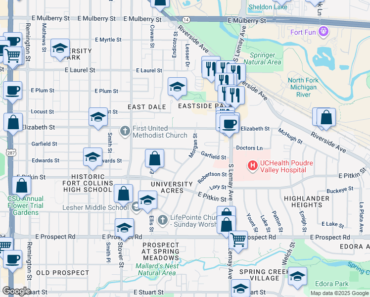 map of restaurants, bars, coffee shops, grocery stores, and more near 1009 Morgan Street in Fort Collins