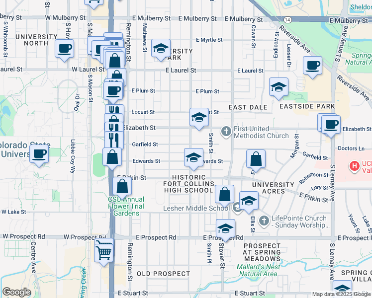 map of restaurants, bars, coffee shops, grocery stores, and more near 430 Garfield Street in Fort Collins