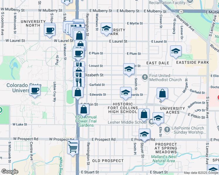 map of restaurants, bars, coffee shops, grocery stores, and more near 1014 Peterson Street in Fort Collins