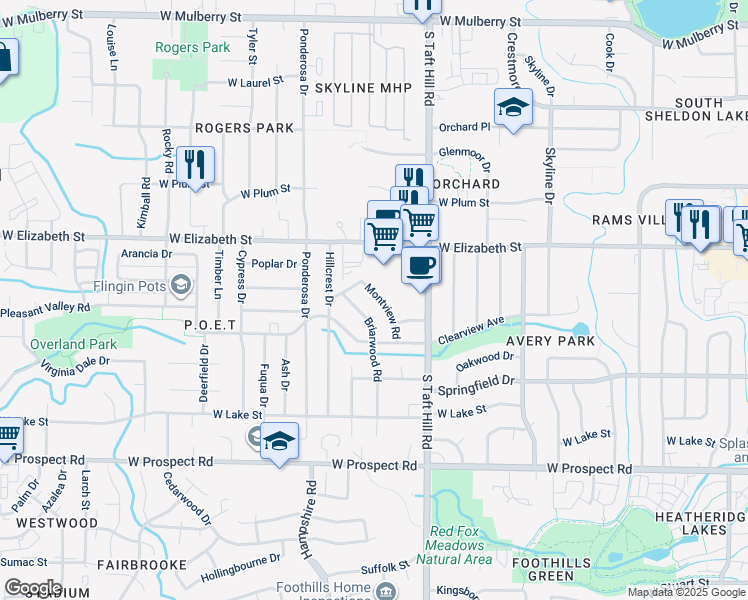 map of restaurants, bars, coffee shops, grocery stores, and more near 1015 South Taft Hill Road in Fort Collins