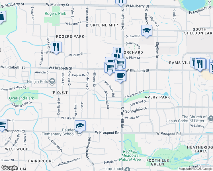 map of restaurants, bars, coffee shops, grocery stores, and more near 1015 South Taft Hill Road in Fort Collins