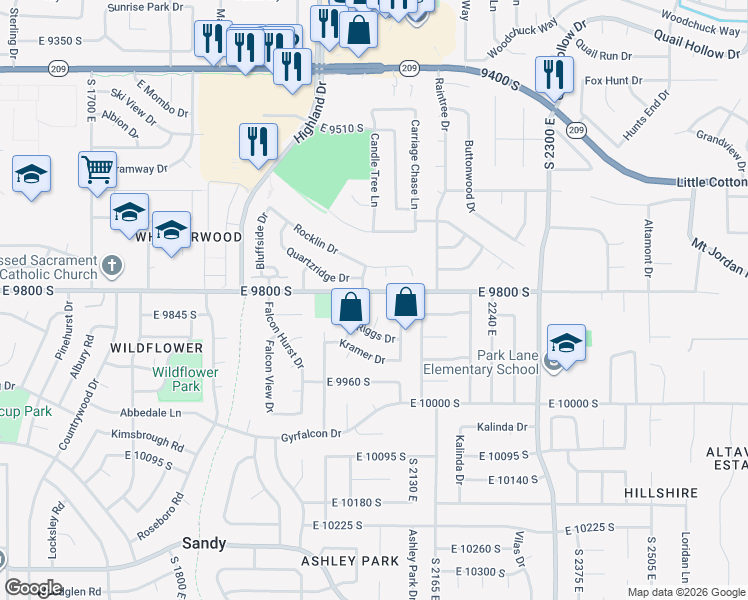 map of restaurants, bars, coffee shops, grocery stores, and more near 9773 Rocklin Drive in Sandy
