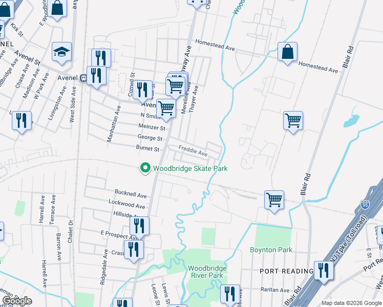 map of restaurants, bars, coffee shops, grocery stores, and more near 38 East Coddington Avenue in Woodbridge Township