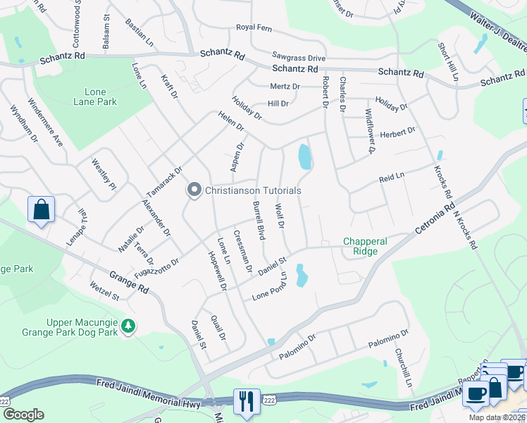 map of restaurants, bars, coffee shops, grocery stores, and more near 214 Wolf Drive in Allentown