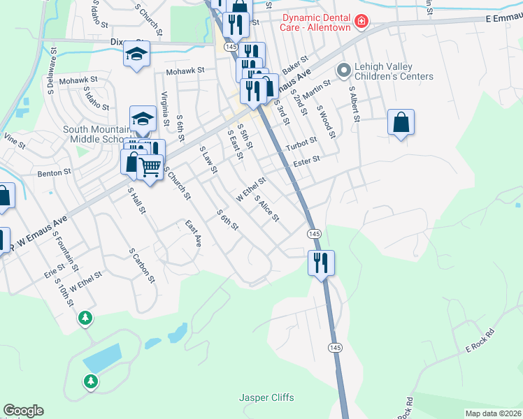 map of restaurants, bars, coffee shops, grocery stores, and more near 2457 South Alice Street in Allentown