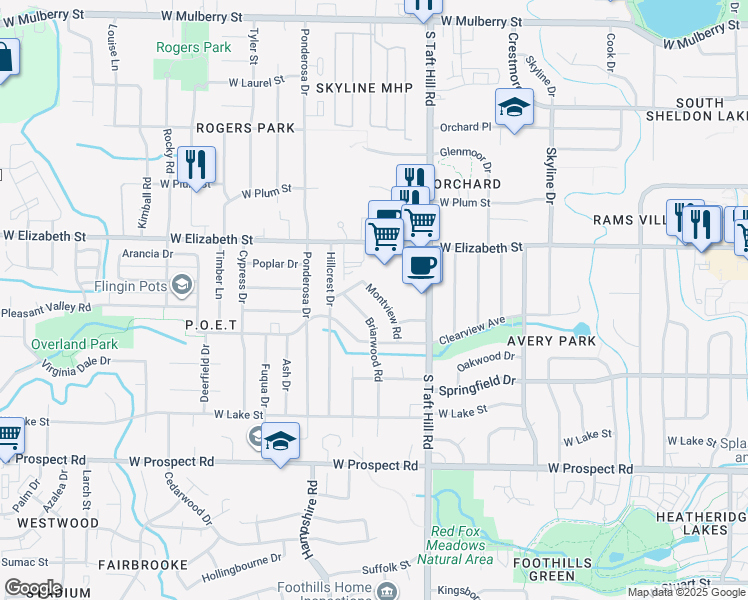map of restaurants, bars, coffee shops, grocery stores, and more near 1015 South Taft Hill Road in Fort Collins