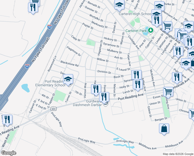 map of restaurants, bars, coffee shops, grocery stores, and more near 54 Division Street in Woodbridge Township