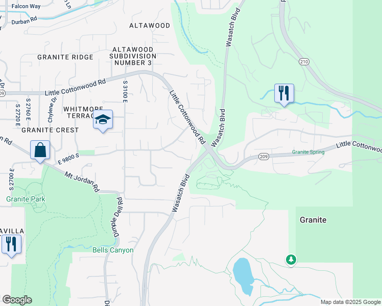 map of restaurants, bars, coffee shops, grocery stores, and more near 3327 East Wasatch Pines Lane in Sandy