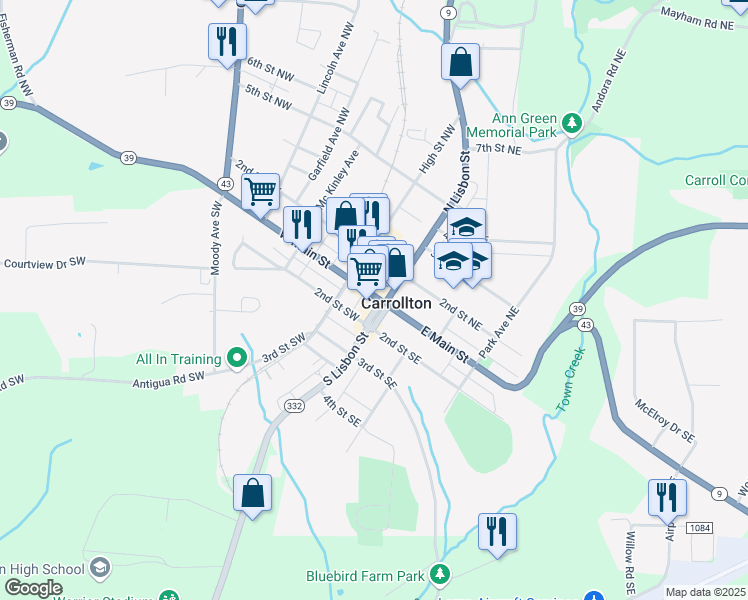 map of restaurants, bars, coffee shops, grocery stores, and more near 10 South Lisbon Street in Carrollton
