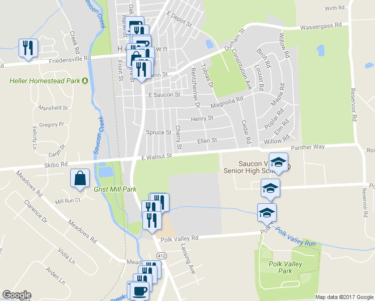 map of restaurants, bars, coffee shops, grocery stores, and more near 315 East Walnut Street in Hellertown