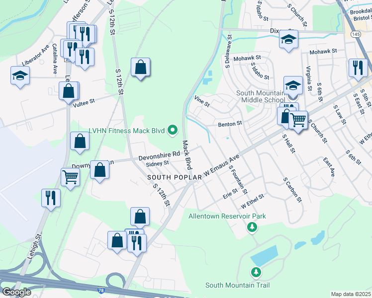 map of restaurants, bars, coffee shops, grocery stores, and more near 1025 Devonshire Road in Allentown