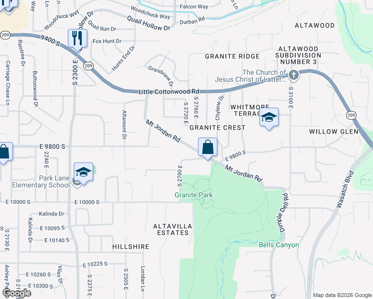map of restaurants, bars, coffee shops, grocery stores, and more near 2731 Mount Jordan Road in Sandy
