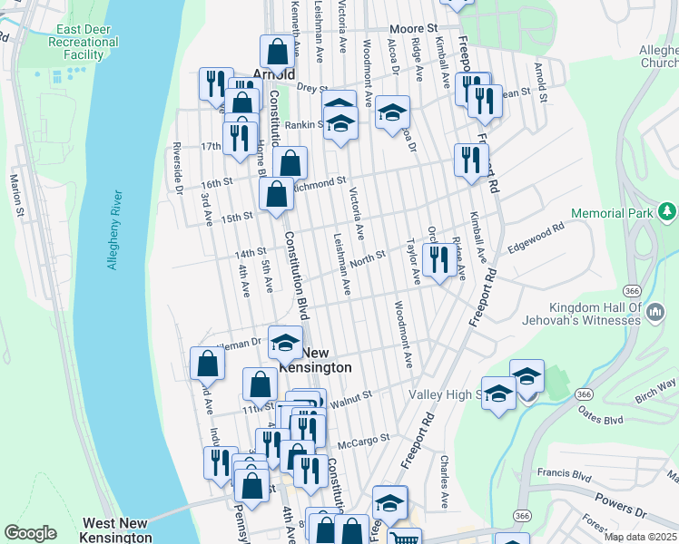 map of restaurants, bars, coffee shops, grocery stores, and more near 1395 Leishman Avenue in New Kensington