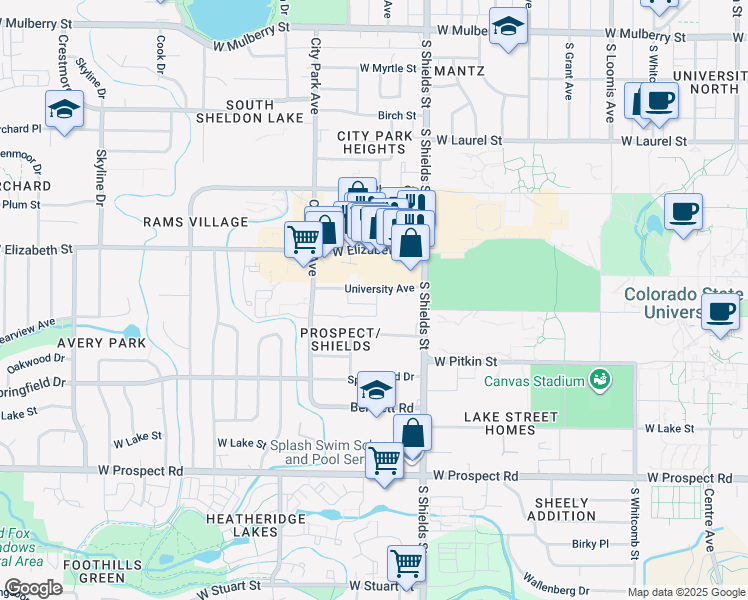 map of restaurants, bars, coffee shops, grocery stores, and more near 1201 University Avenue in Fort Collins