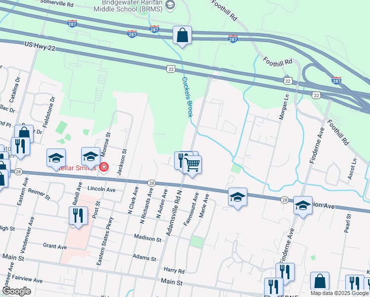 map of restaurants, bars, coffee shops, grocery stores, and more near 185 Adamsville Road North in Bridgewater Township