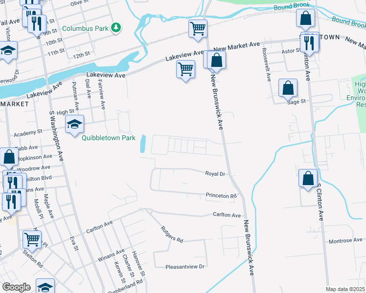 map of restaurants, bars, coffee shops, grocery stores, and more near 921 Breckenridge Court in Piscataway