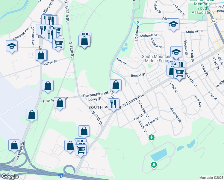 map of restaurants, bars, coffee shops, grocery stores, and more near 1017 Devonshire Road in Allentown