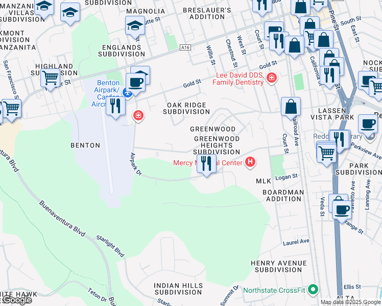map of restaurants, bars, coffee shops, grocery stores, and more near 2371 Monterey Court in Redding