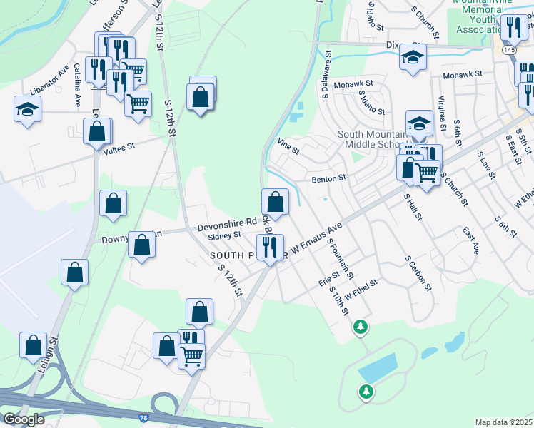 map of restaurants, bars, coffee shops, grocery stores, and more near 1021 Devonshire Road in Allentown