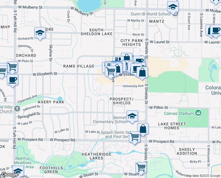 map of restaurants, bars, coffee shops, grocery stores, and more near 1117 City Park Avenue in Fort Collins