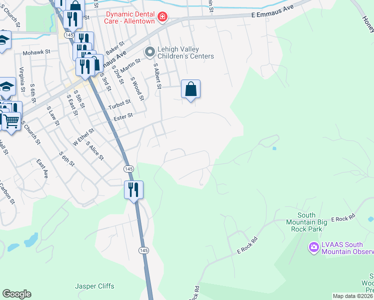 map of restaurants, bars, coffee shops, grocery stores, and more near 216 East Mountain Road in Allentown