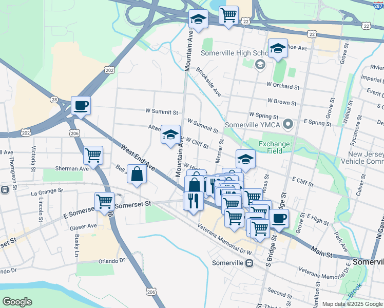 map of restaurants, bars, coffee shops, grocery stores, and more near 69 North Doughty Avenue in Somerville
