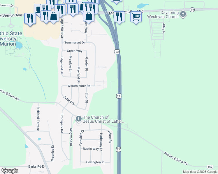 map of restaurants, bars, coffee shops, grocery stores, and more near 1909 Sussex Way in Marion