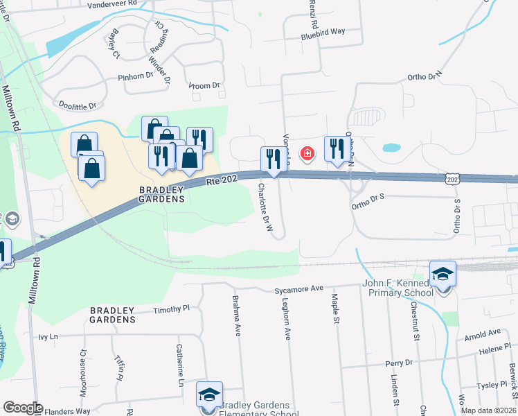 map of restaurants, bars, coffee shops, grocery stores, and more near 45 Charlotte Drive in Bridgewater Township