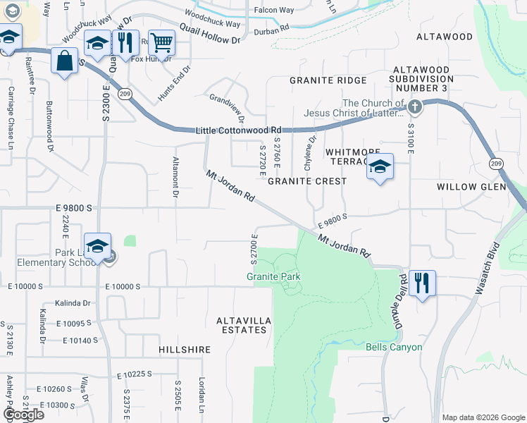 map of restaurants, bars, coffee shops, grocery stores, and more near 2724 Mount Jordan Road in Sandy