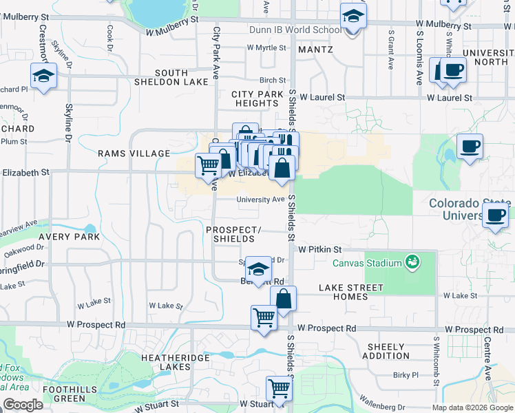 map of restaurants, bars, coffee shops, grocery stores, and more near 1201 University Avenue in Fort Collins