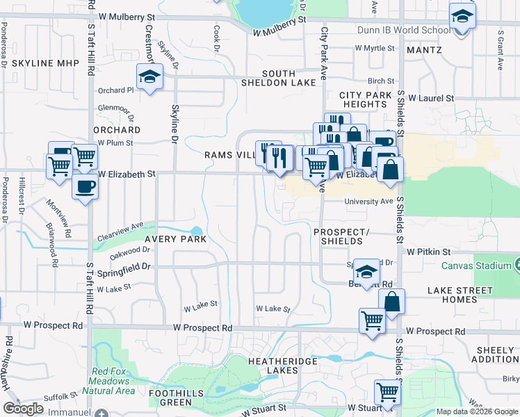 map of restaurants, bars, coffee shops, grocery stores, and more near 1121 South Bryan Avenue in Fort Collins