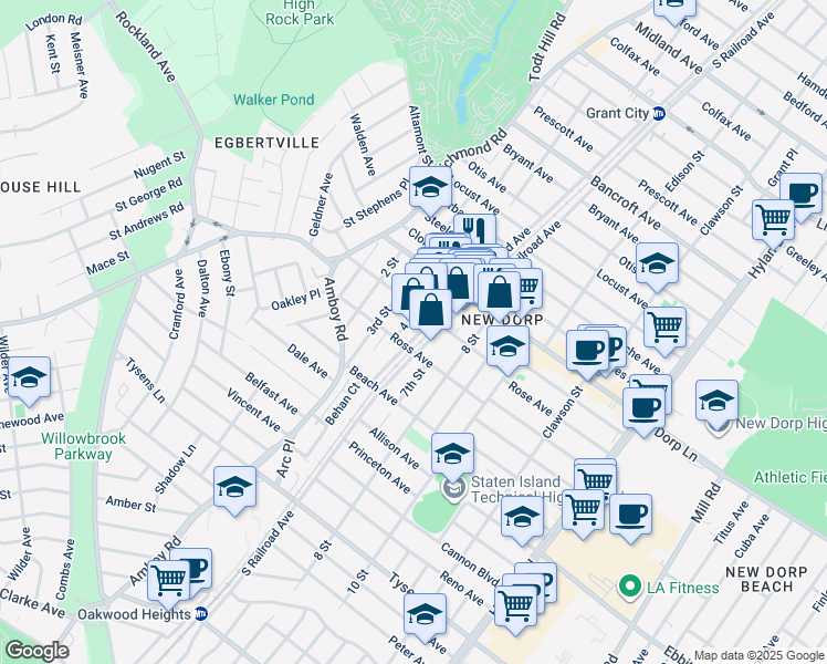 map of restaurants, bars, coffee shops, grocery stores, and more near 73 New Dorp Plaza in Staten Island