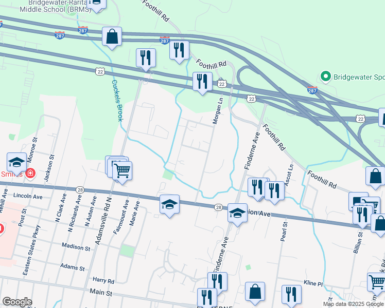 map of restaurants, bars, coffee shops, grocery stores, and more near 7 Columbia Drive in Bridgewater Township