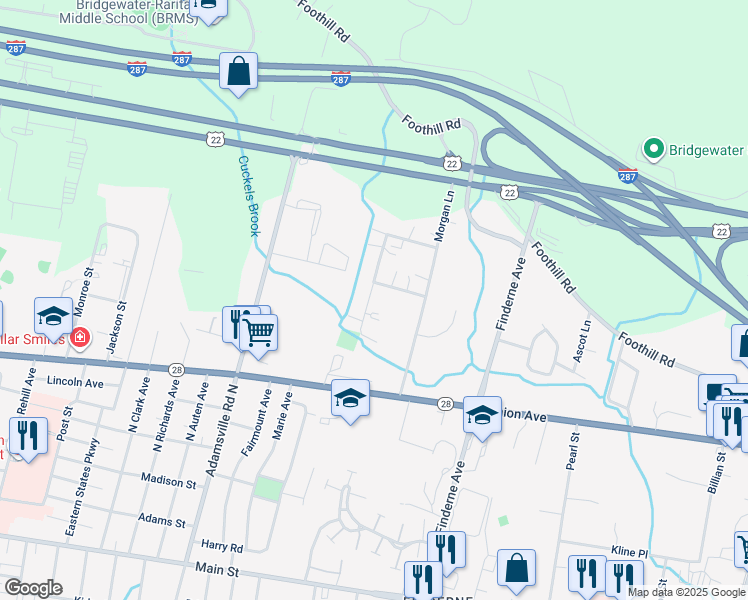 map of restaurants, bars, coffee shops, grocery stores, and more near 7 Columbia Drive in Bridgewater Township