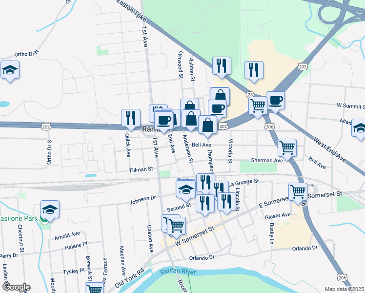 map of restaurants, bars, coffee shops, grocery stores, and more near 106 Anderson Street in Raritan
