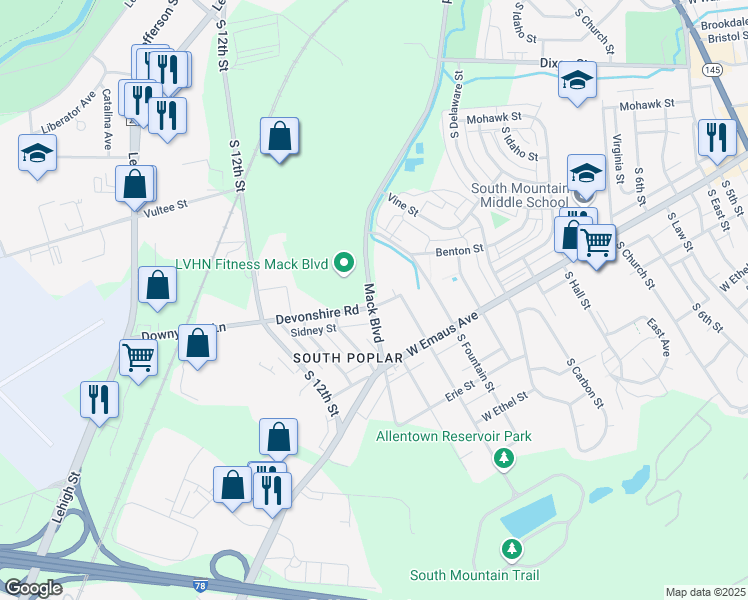 map of restaurants, bars, coffee shops, grocery stores, and more near 1011 Devonshire Road in Allentown