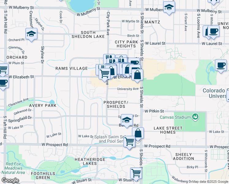 map of restaurants, bars, coffee shops, grocery stores, and more near 1324 University Avenue in Fort Collins