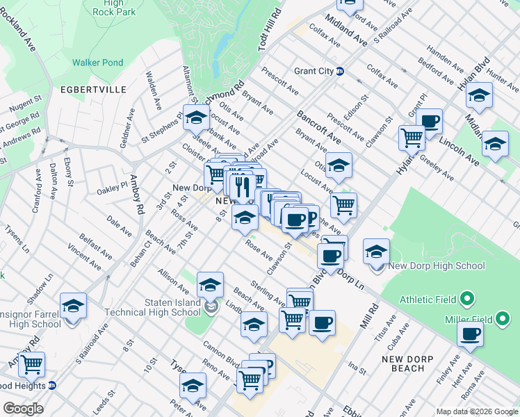 map of restaurants, bars, coffee shops, grocery stores, and more near 71 Jacques Avenue in Staten Island