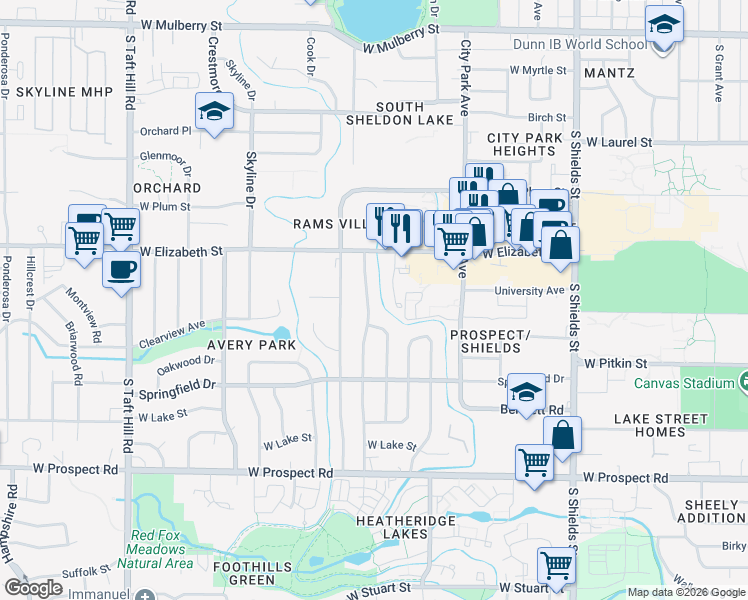 map of restaurants, bars, coffee shops, grocery stores, and more near 1121 South Bryan Avenue in Fort Collins