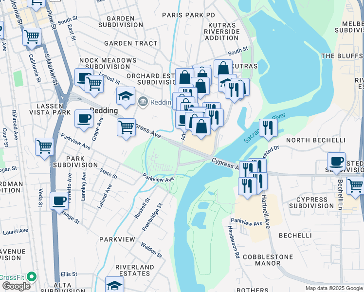 map of restaurants, bars, coffee shops, grocery stores, and more near Parkview Ave & Athens Ave in Redding