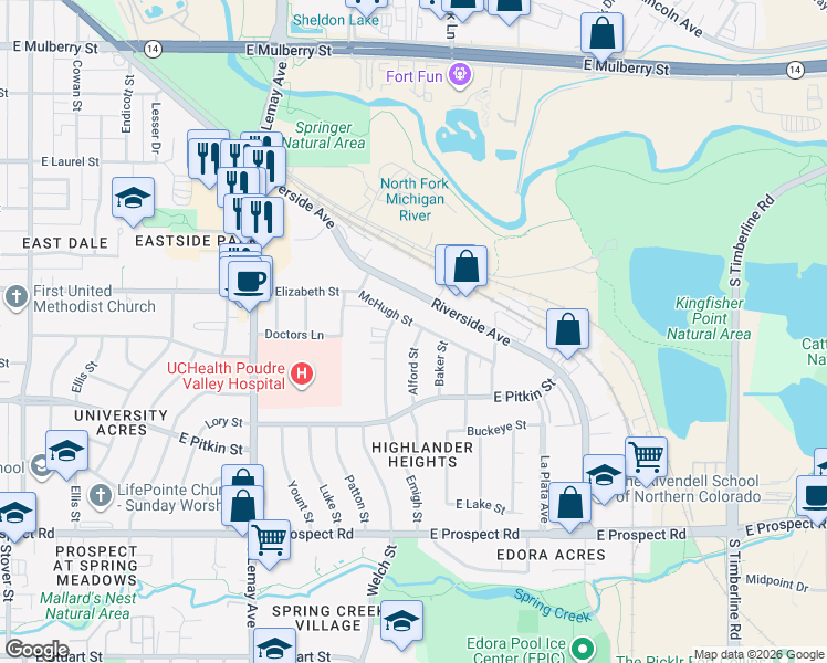map of restaurants, bars, coffee shops, grocery stores, and more near 1101 Alford Street in Fort Collins
