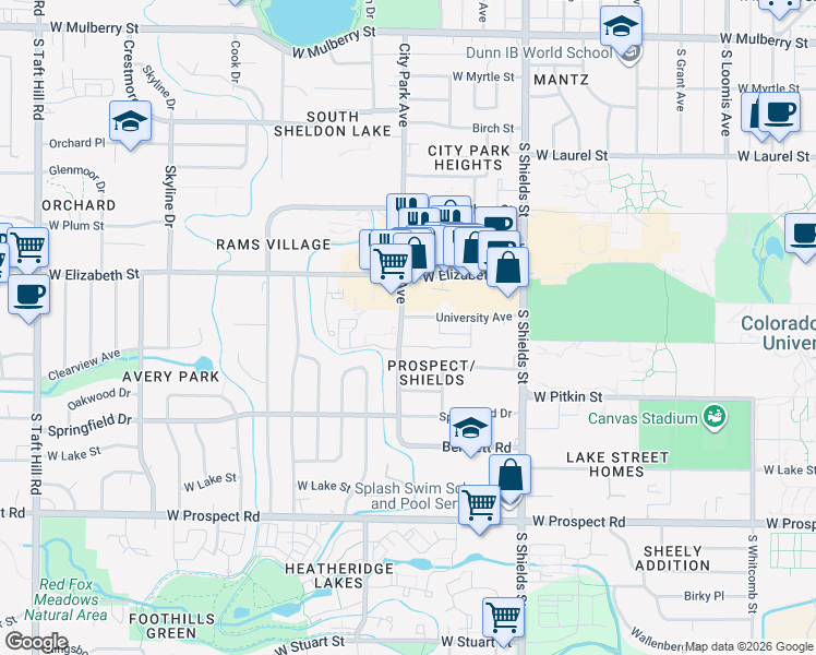 map of restaurants, bars, coffee shops, grocery stores, and more near 1118 City Park Avenue in Fort Collins