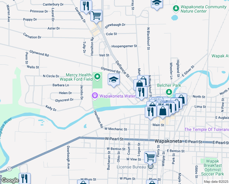 map of restaurants, bars, coffee shops, grocery stores, and more near 400 West Harrison Street in Wapakoneta
