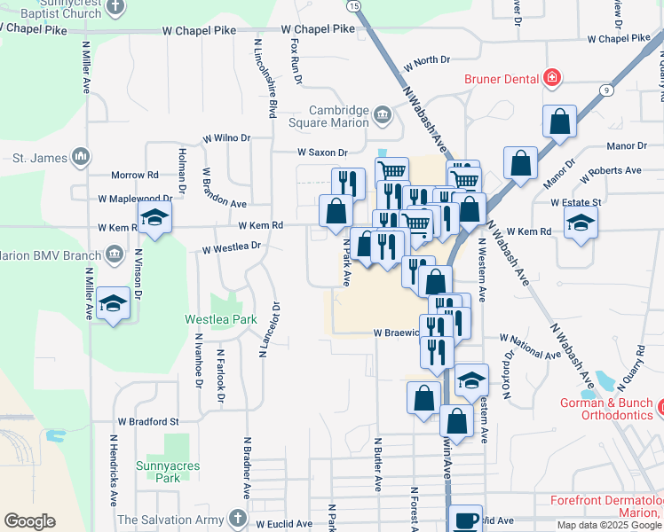 map of restaurants, bars, coffee shops, grocery stores, and more near 939 North Park Avenue in Marion