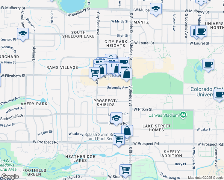 map of restaurants, bars, coffee shops, grocery stores, and more near 1221 University Avenue in Fort Collins