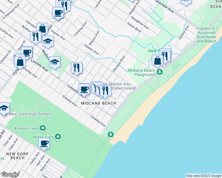 map of restaurants, bars, coffee shops, grocery stores, and more near 64 Mapleton Avenue in Staten Island