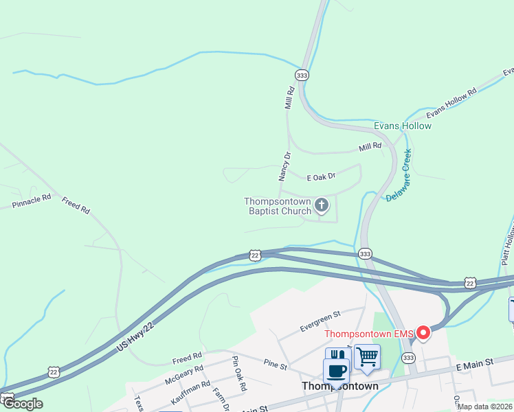 map of restaurants, bars, coffee shops, grocery stores, and more near 5-17 Birch Drive in Thompsontown