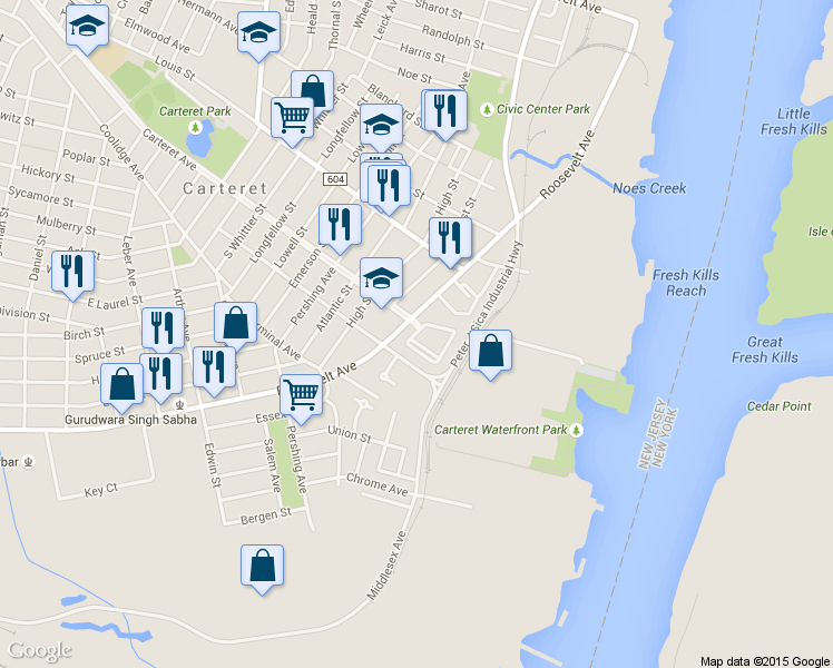 map of restaurants, bars, coffee shops, grocery stores, and more near 101-819 Abbi Road in Carteret