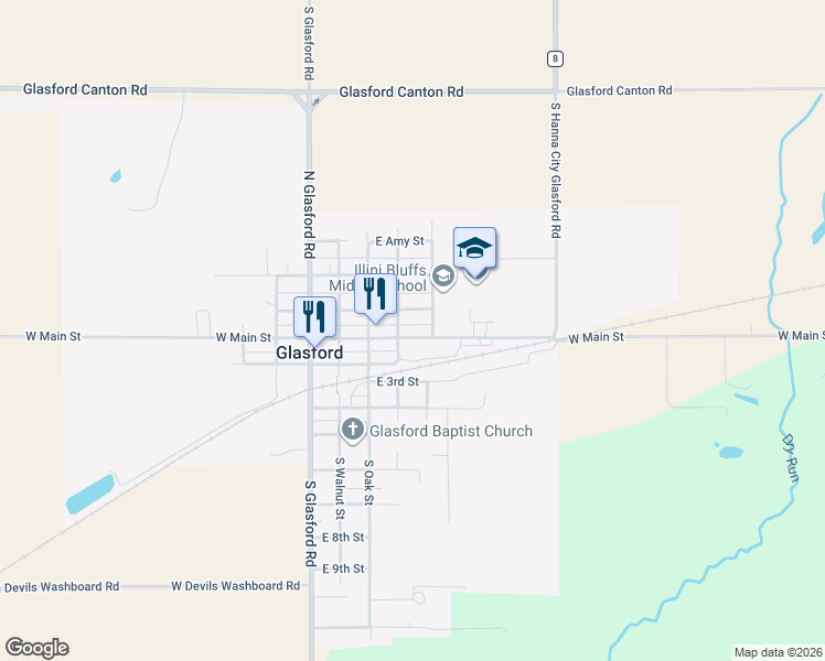map of restaurants, bars, coffee shops, grocery stores, and more near 413 East Essex Street in Glasford
